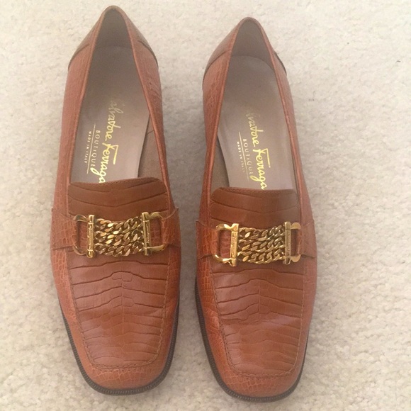 Salvatore Ferragamo Shoes - Salvatore Ferragamo Tan Croc-Embossed Leather Chain Loafers